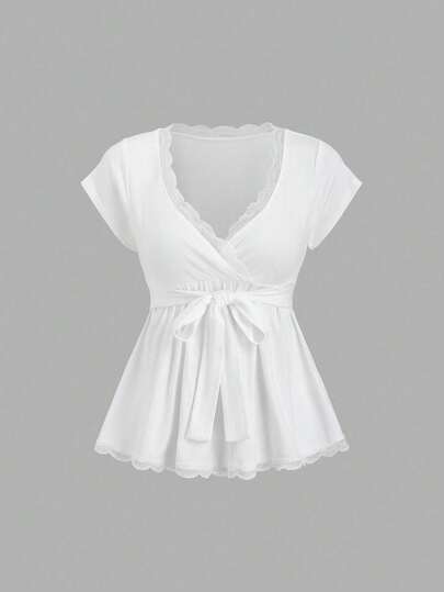 Sweetra Petite Women's Spring/Summer White French Romantic Lace Patchwork V-Neck Tie T-Shirt