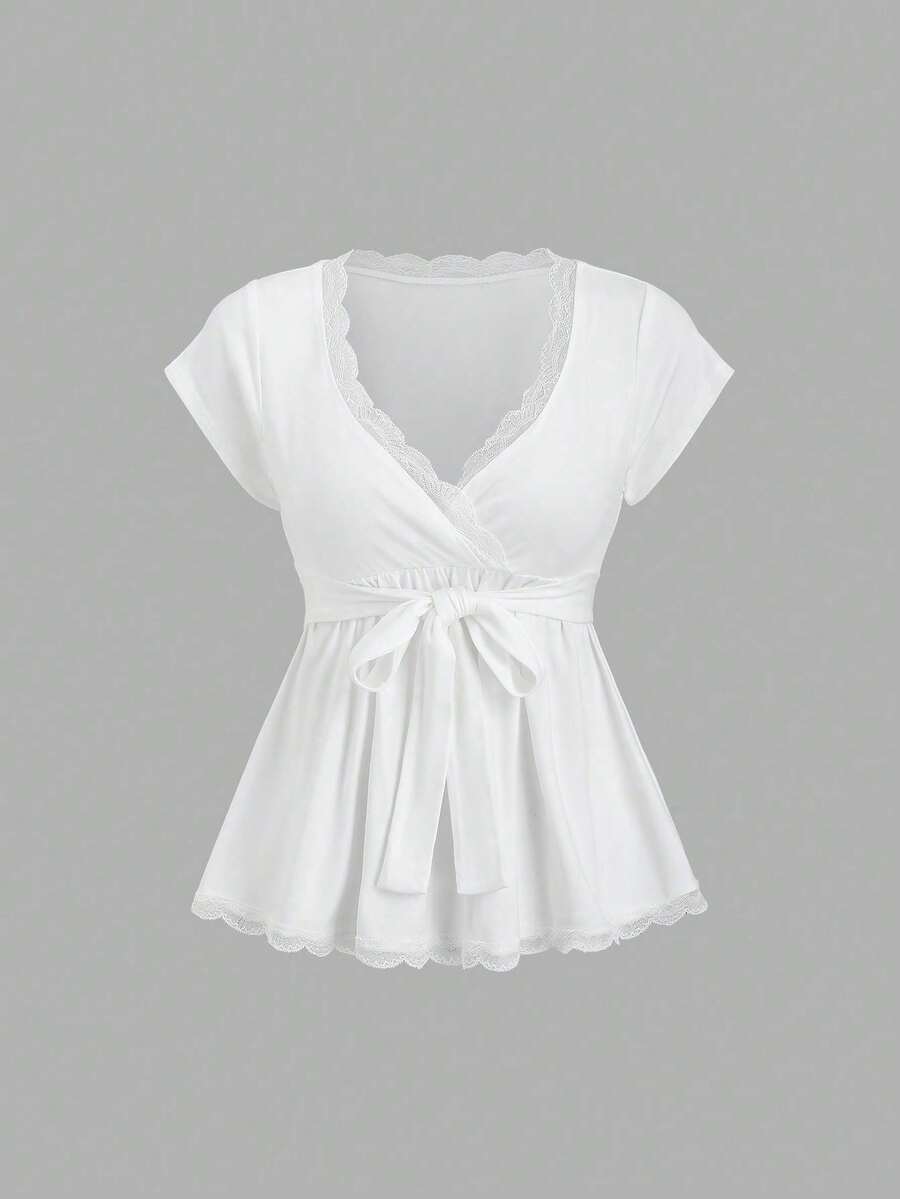 Sweetra Petite Áo thun nữ cổ chữ V buộc dây màu trắng kiểu Pháp lãng mạn phối ren, thích hợp mặc mùa xuân/hè. - trắng - Xem 1