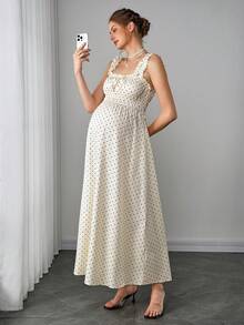 Momance 夏季女士波点蝴蝶结褶皱收腰青春荷叶边吊带摆裙 - 杏色 - 查看 4