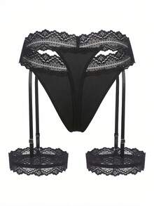 SHEIN 加大碼音樂節蕾絲拼接性感內衣 - 黑色 - 查看 2