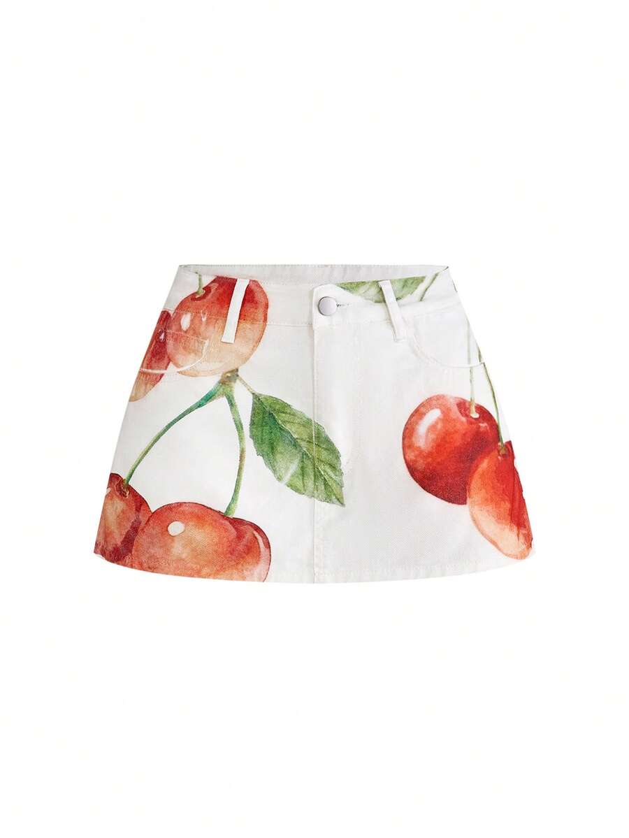 Sweetness Chân váy denim ngắn cạp thấp màu trắng in họa tiết quả anh đào ngọt ngào và dễ thương, phong cách nghỉ dưỡng. - Nhiều màu - Xem 1