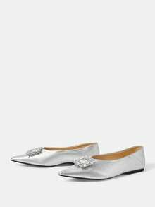CUCCOO HITCHD Pointed Toe, Low Vamp, Rhinestone Square Buckle, Flat Bottom, Comfortable And Versatile, Fashionable Soft Sole, Elegant Fairy, Shoes, Silver Women's Shoes. - Silver - View 9