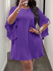 Slaydiva Plus Size Round Neck Batwing Sleeve White A-Line Knee-Length Casual Spring/Summer Dress - Purple - View 6