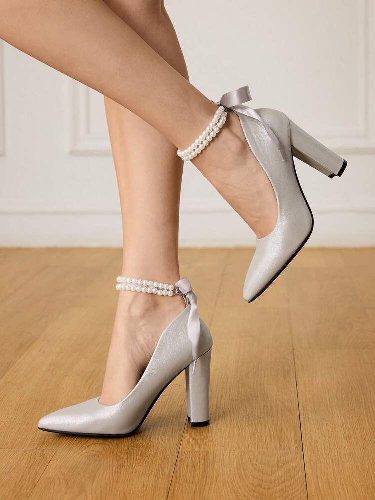 CUCCOO HITCHD Women's Pointed Toe Low Vamp High Heels, Comfortable Thick Heel, Elegant French Style Silver Pearl Ankle Strap Pumps