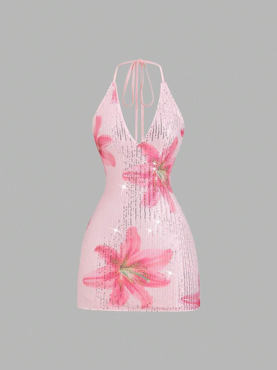 Sweetra 女士新款春夏连衣裙,适合度假、派对等场合,优雅浪漫的花卉亮片面料,深V领设计,露背系带迷你连衣裙。 - 粉色 - 查看 1