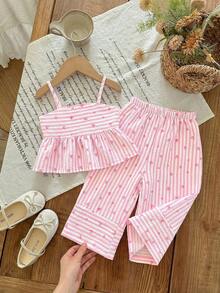 Babygirl Cute Vacation Casual Striped Bow Decor Camisole & Elastic Waist Pants Set - Baby Pink - View 5