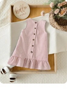 Babygirl Summer Vacation Casual Cute Striped Ruffle Hem Sleeveless Dress - Baby Pink - View 7