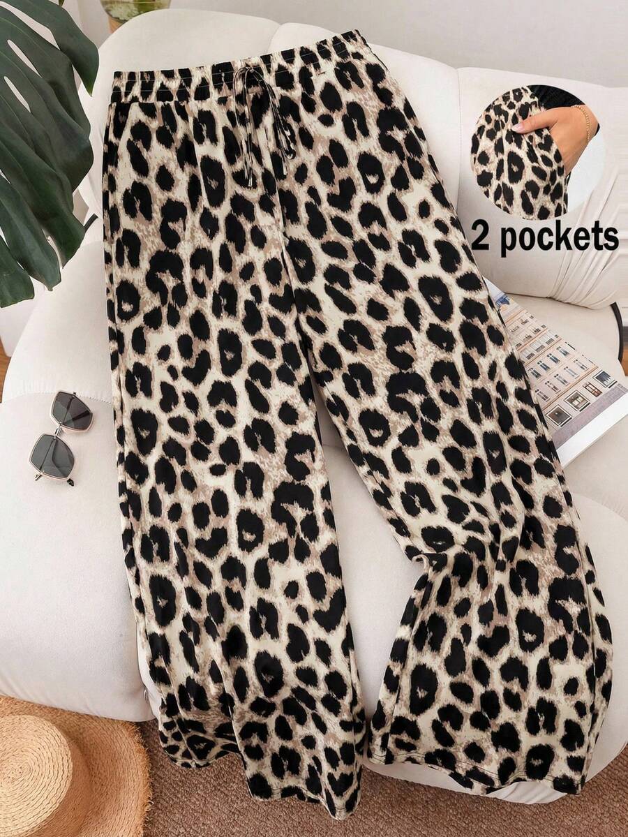 SHEIN Frenchy Plus Size Women Loose Casual Vintage Leopard Print Pants, Suitable For Spring/Summer, Vacation, Music Festival - Multicolor - View 1