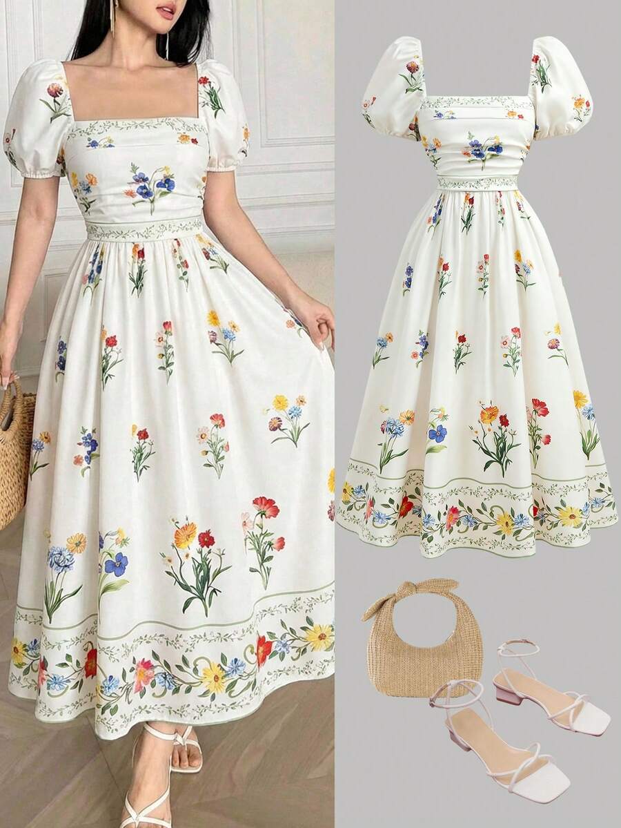 SHEIN Girlism Đầm midi dáng chữ A tay cánh hoa in hoa cho bé gái tuổi teen, màu trắng, thanh lịch và dễ thương, phù hợp cho tiệc tùng, đi chơi, thường ngày, đám cưới, lễ kỷ niệm và các dịp khác. - Nhiều màu - Xem 1