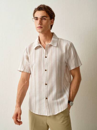 RONVEXI 男士夏季条纹短袖纽扣休闲衬衫