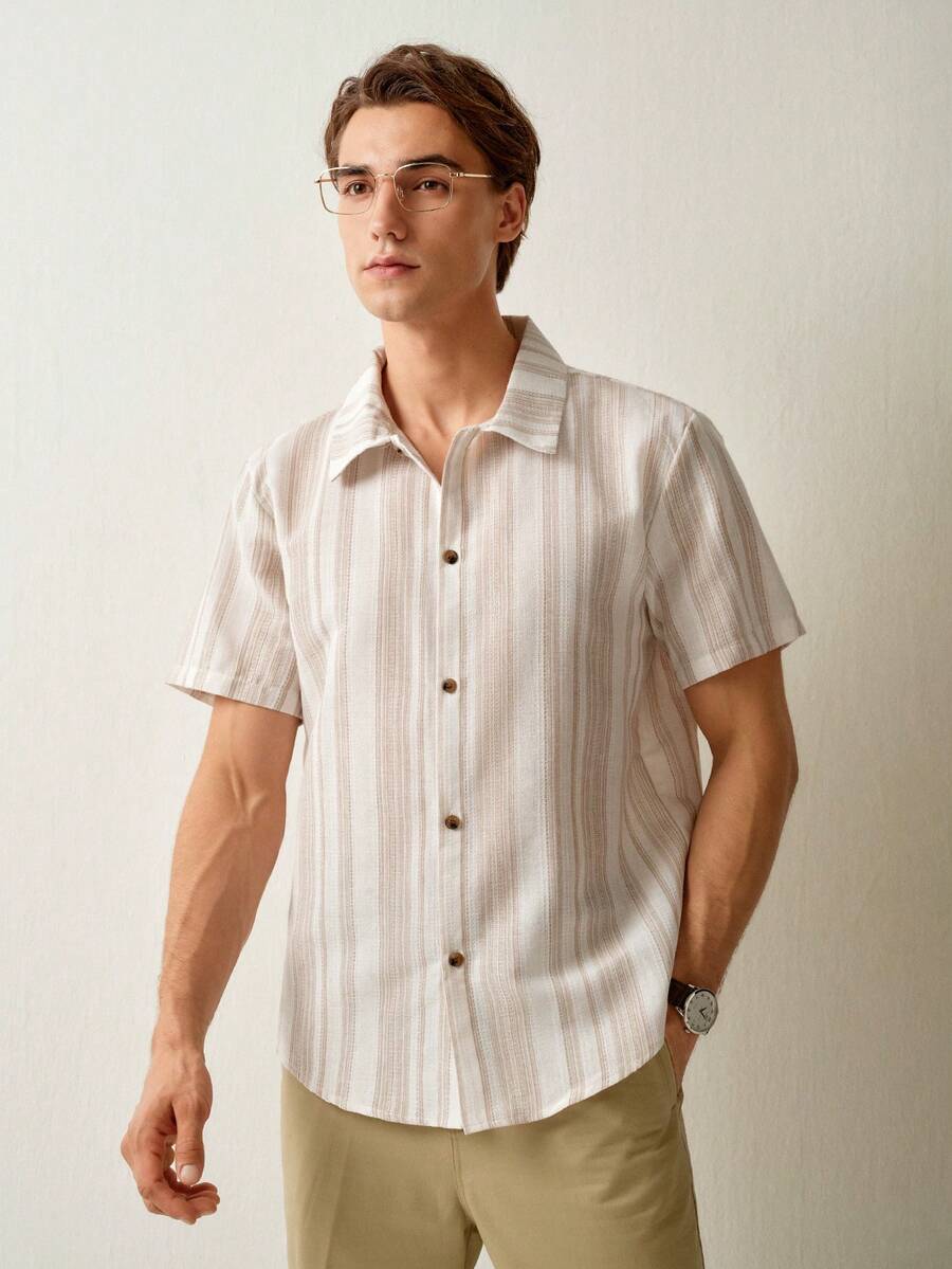 RONVEXI 男士夏季条纹短袖纽扣休闲衬衫