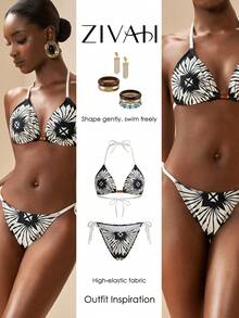 Zivah's 2026 Summer Collection Features Elegant Resort And Beachwear, Including A Distinctive Floral Print Bikini Set. Perfect For A Variety Of Vacation Occasions Such As Music Festivals, Easter, St. Patrick's Day, Western Style, Nomadic Style, Birthday Parties, Casual Wear, Everyday Versatility, Vacations, Cruise Trips, The Beach, And Sunbathing. Bestselling Items Include Women's Tropical Botanical Print Bikinis, Bohemian-Style Women's Swimwear, Unique Black And Apricot Floral Print Bikinis, And Exquisite Printed Bikini Sets. Beach Vacation Outfits For Women - Black - View 11