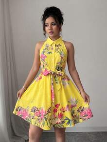 Vestido elegante y romántico sin mangas con estampado floral diminuto y recogido en la cintura en forma de línea A para mujeres - Amarillo - Ver 9