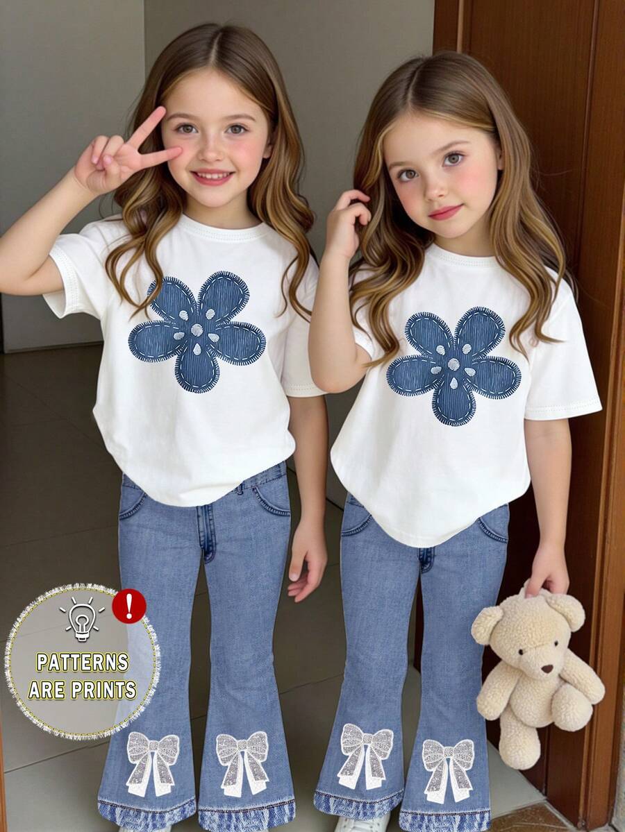 Tween Girls' Digital Cartoon Print Style Short Sleeve Top And Flare Pants Set, Casual & Comfortable Spring/Summer Outfit, Design Suitable For Outdoor, Picnic, Street Photography, Holiday, Gift - Multicolor - View 1