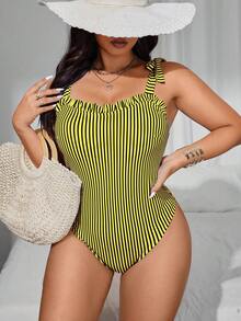 Swim Mod Traje de baño de una pieza talla grande para mujer, primavera/verano 2025, con rayas azules y blancas, volantes y lazo delantero, estampado floral casual para vacaciones y playa - Amarillo - Ver 4