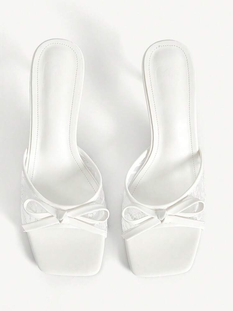CUCCOO CHICEST Women Shoes Fashionable And Elegant New Square Toe Stiletto Summer White Lace Mesh Bow Women's High Heel Sandals Slippers Day Versatile Comfortable Open-Toed Women's Sandals Women's Shoes