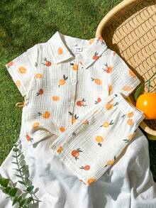 SHEIN Vintaside Kids Baby Boy Fruit Print Short Sleeve Shirt And Shorts Set - Apricot - View 4