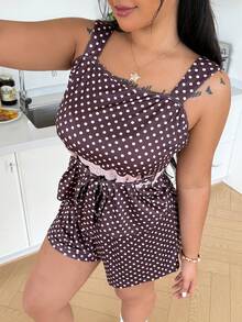 ZzzCrew French Style Polka Dot Lace Patchwork Tie-Waist Fitted Top And Shorts 2-Piece Set, Plus Size - Coffee Brown - View 6