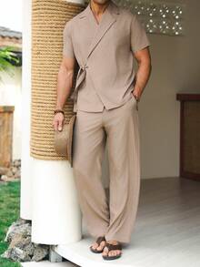 Manfinity RSRT 男士成熟休闲西装领口设计上衣和长裤衬衫套装 - 藕粉色 - 查看 4