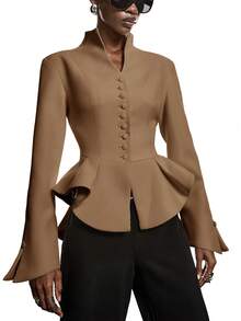 LYSMO Blazer Wanita Bergaya Elegan Warna Polos Kancing Tunggal - Unta - View 3