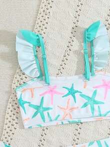 Girls (Small) Printed Swimsuit, Ruffled Trim, 3 PiecesSet - Green - View 5