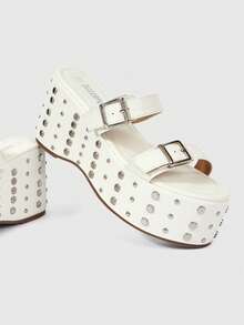 ROMWE Grunge Punk Giày sandal đế xuồng đính kim tuyến, khóa cài nhọn dành cho nữ. - trắng - Xem 3