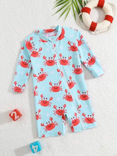 SHEIN Đồ bơi dài tay cho bé trai 6-9 tháng, đồ bơi liền thân in hình chú cua hoạt hình dễ thương