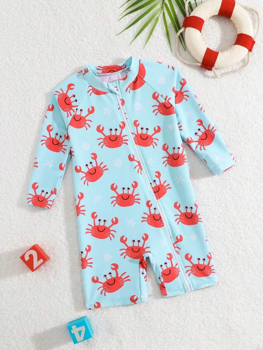 SHEIN 6-9M Baby Boy Long Sleeve Swimsuit, Cute Crab Cartoon Print One-Piece Swimwear - Multicolor - View 1