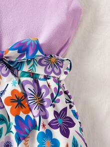 SHEIN Tween Girl Floral Print Curved Hem Camisole Romper - Purple - View 6