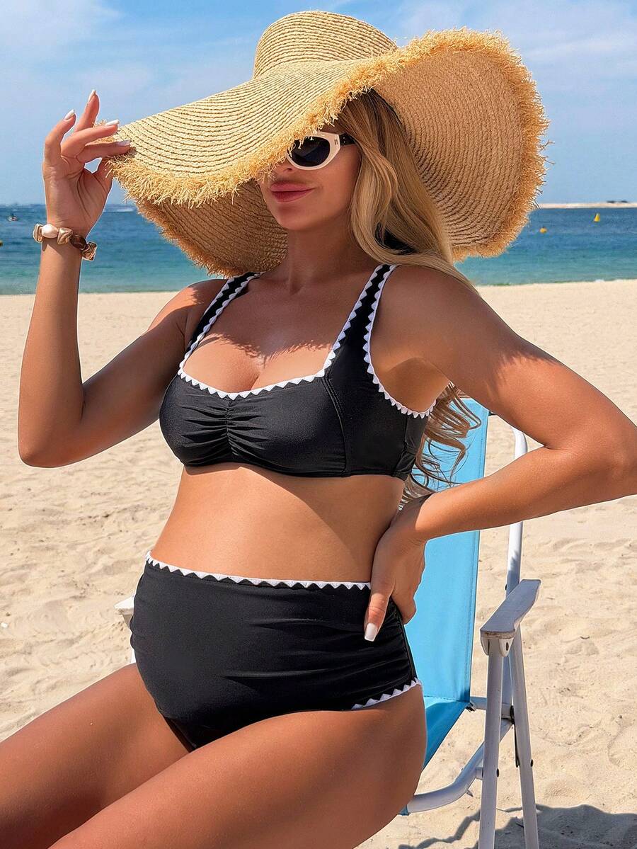 SHEIN 26SS 夏季海滩度假黑白鲨鱼牙基本款休闲孕妇泳衣套装 - 黑與白 - 查看 1