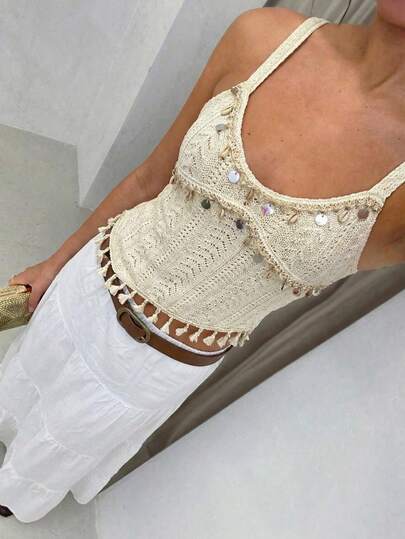 Glamine Charm Áo dệt kim nữ kiểu vintage màu mơ, đính sequin và tua rua ở gấu áo, thích hợp cho kỳ nghỉ, hẹn hò lãng mạn, tiệc tùng, ngày lễ.
