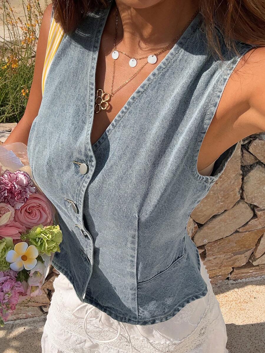 女士纯色V领无袖休闲牛仔衬衫，夏季 - 淺色水洗藍 - 查看 1