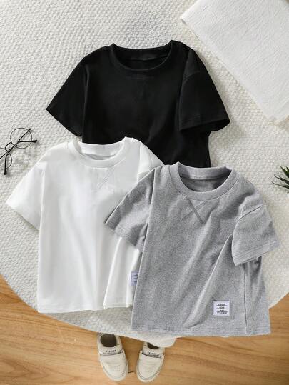 SHEIN Vintaside Kids 3pcs Toddler Boys' Solid Color Faux Snow Flake Simple Fashion Short Sleeve Set, Comfortable Soft Fabric, Versatile For Daily Wear, Casual For Summer