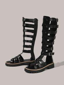Styleloop Giày Roman mới, giày đinh tán liễu, bốt rỗng thoáng mát, sandal đế bằng cổ trung bình, kiểu dáng thường ngày, gợi cảm, thoáng khí dành cho nữ, thích hợp cho lễ hội mùa hè, bãi biển, kỳ nghỉ, tiệc tùng. - Màu đen - Xem 2