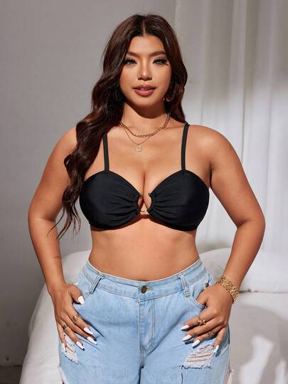 Swim Vcay Plus Size Women's Black Halter Tankini Top, Sexy Metal Ring Decor, Detachable Strap, Versatile Wear, Suitable For Holidays And Vacations