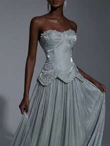 Elegant Luxurious Beaded, Sequin & Embroidered Mesh Splice Sexy Strapless Maxi Dress, Suitable For Weddings, Events, Parties, Vacations, Galas - Green - View 6