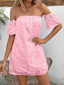 Glamine Gaun Pendek Mini Wanita Warna Polos Musim Panas dengan Bahu Terbuka dan Pola Bordir Berongga, Pakaian Liburan Pantai, Warna Pink Muda Gaya Boho - Berwarna merah muda - View 4