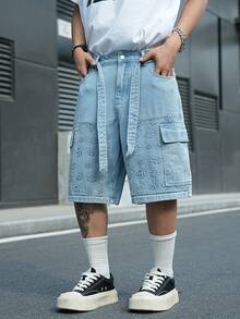 Manfinity EMRG Quần short denim nam màu xanh dương, kiểu dáng thường ngày, họa tiết dập nổi. - Rửa nhẹ - Xem 3