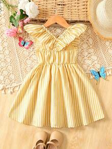 SHEIN Young Girl Blue&White Striped Floral Print Bow Ruffle Hem Short Sleeve Pink Casual Dress,Fashionable Infant Daily Wear Spring/Summer Holiday Style - Yellow - View 2