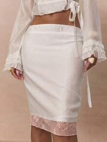 MUSERA Lace Trim Straight Fit Low Rise Midi Skirt Coord Bottoms Only Cute Spring Holiday Girly Sugar Salt - White - View 5