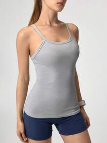 Loungeista Camiseta de tirantes ajustada y corta de unicolor para mujer - Gris - Ver 6