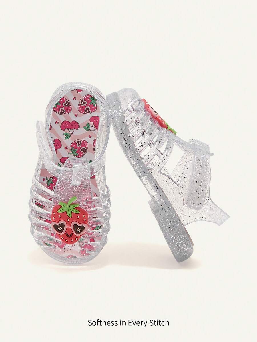 Cozy Pixies Fashionable Versatile Cute Fun Strawberry Princess Transparent Color Soft Comfortable Beach Crystal Plaid Pastoral Soft Bottom Flat Baby Sandals - Clear - View 1