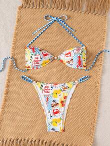 Swim Mod Bộ bikini hai mảnh gợi cảm buộc dây cổ, in chữ, dành cho nữ, thích hợp mặc đi biển mùa hè. - Nhiều màu - Xem 3