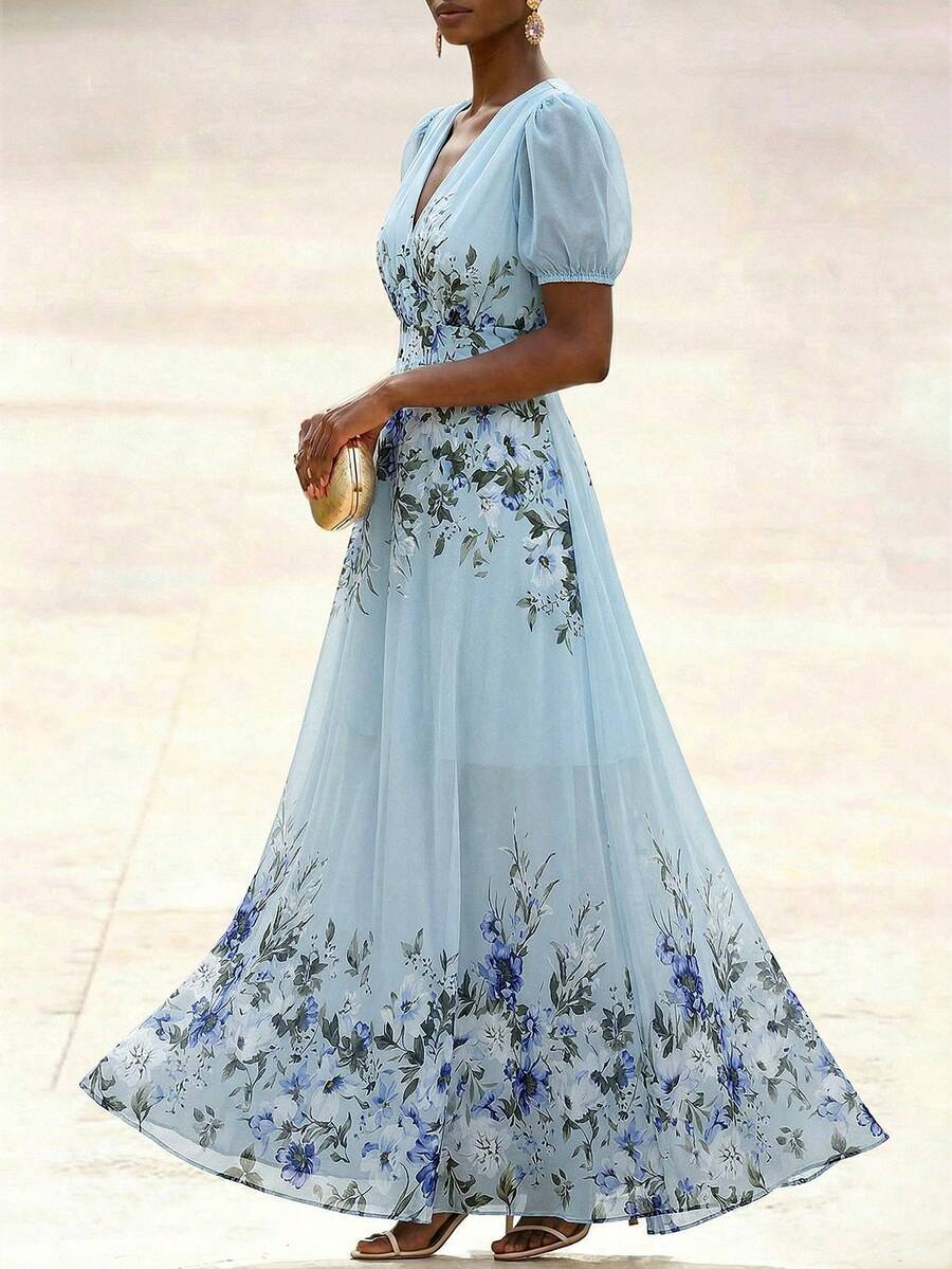 SHEIN Clasi 大码碎花V领雪纺连衣裙，夏季 - 藍色 - 查看 1