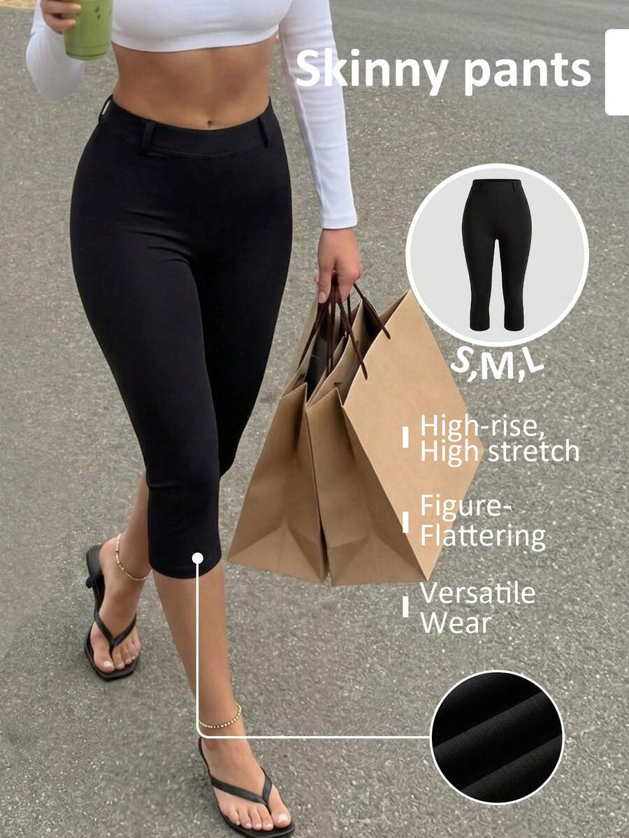 Firerie 女士优雅纯黑色高腰打底裤，针织修身九分裤，百搭黑色高腰打底裤，适合春季、夏季及所有季节 - 黑色 - 查看 1