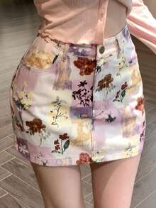 DAZY Chân váy ngắn denim in hoa phong cách thường ngày dành cho nữ, thích hợp cho mùa hè. - trắng - Xem 9
