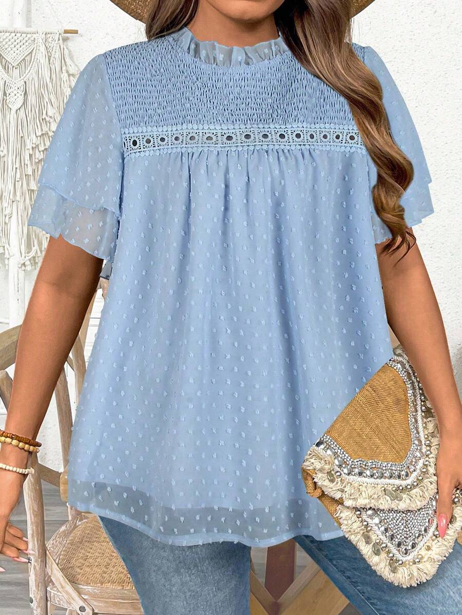 Ceyna Plus Size Ruffle Collar Short Sleeve Blouse, Spring/Summer Vacation Blue And White Elegant - Baby Blue - View 1