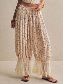 Women's Pants Vintage Floral Lace-Trim Palazzo Pants – Boho High-Waist Drawstring Wide-Leg Lounge Trousers Boho Floral Pants, Lace Trim Pants, Wide Leg Palazzo, Cottagecore Pants, Summer Lounge Trousers, Vintage Floral Bottoms, Boho Chic Outfit, Flowy Beach Pants Casual Vacation Ditsy Floral Drawstring Waist Contrast Lace Hem Wide Leg Pants Festival Outfits For Women Beach Outfit For Women Vacation Outfits Country Concert Outfit Y2k Women's Fashion Floral Pants - Multicolor - View 2