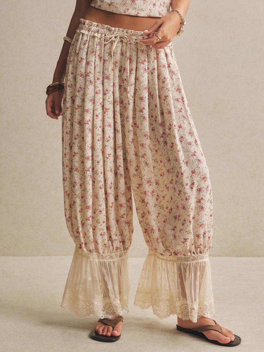 Women's Pants Vintage Floral Lace-Trim Palazzo Pants – Boho High-Waist Drawstring Wide-Leg Lounge Trousers Boho Floral Pants, Lace Trim Pants, Wide Leg Palazzo, Cottagecore Pants, Summer Lounge Trousers, Vintage Floral Bottoms, Boho Chic Outfit, Flowy Beach Pants Casual Vacation Ditsy Floral Drawstring Waist Contrast Lace Hem Wide Leg Pants Festival Outfits For Women Beach Outfit For Women Vacation Outfits Country Concert Outfit Y2k Women's Fashion Floral Pants