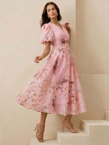 Anewsta Sommerkleider für Frauen, französischer Retro-Ölgemälde-Muster V-Ausschnitt Petal-Ärmel Perlknopf Taille A-Linie Midi-Kleid, elegantes rosa Kleid für Frauen - Pink - Übersicht 2